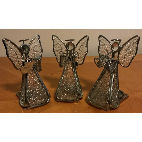The Unbranded Brand Other - Set Of 3 Textured‎ Glass Angel Figurine Tealight Holder Holding Instruments